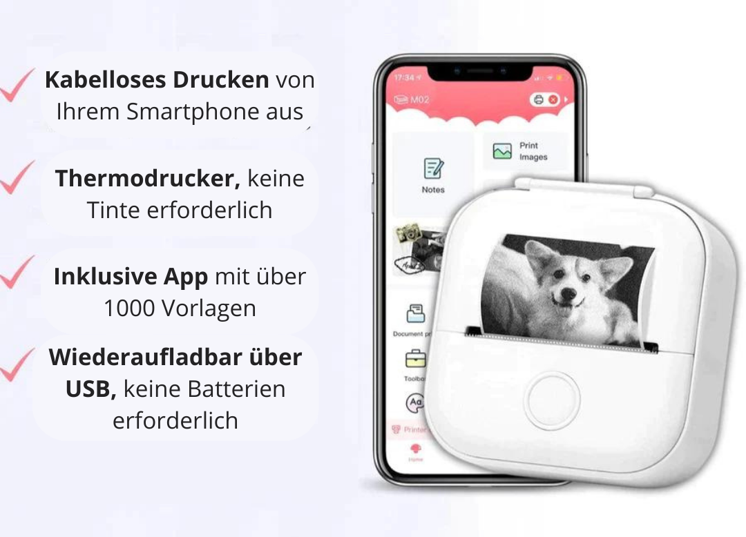 Goodielicious™ - MiniPrinter + gratis printpapier: De printer die nooit inkt nodig heeft!